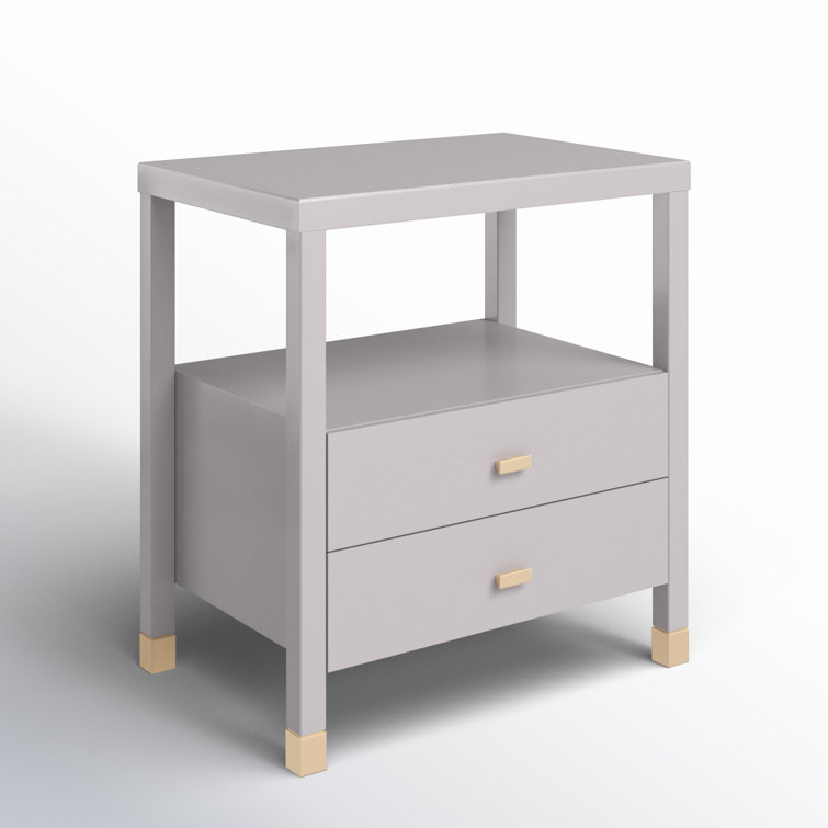 Gray Solid Wood 2-Drawer Nightstand with Shelf