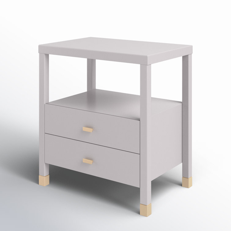 Gray Solid Wood 2-Drawer Nightstand with Shelf