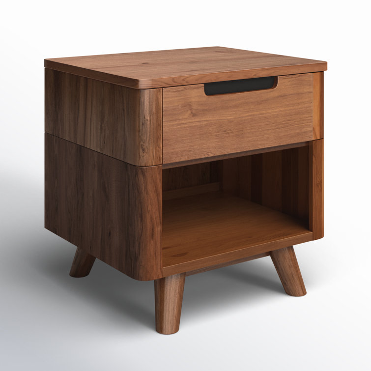 Walnut Mid-Century Modern 1-Drawer Nightstand with Shelf