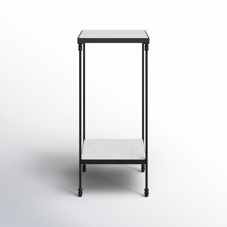 White Marble and Black Metal Square End Table with Shelf