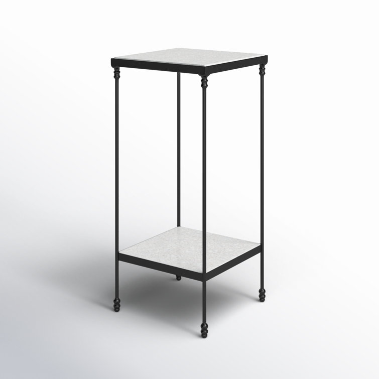 White Marble and Black Metal Square End Table with Shelf