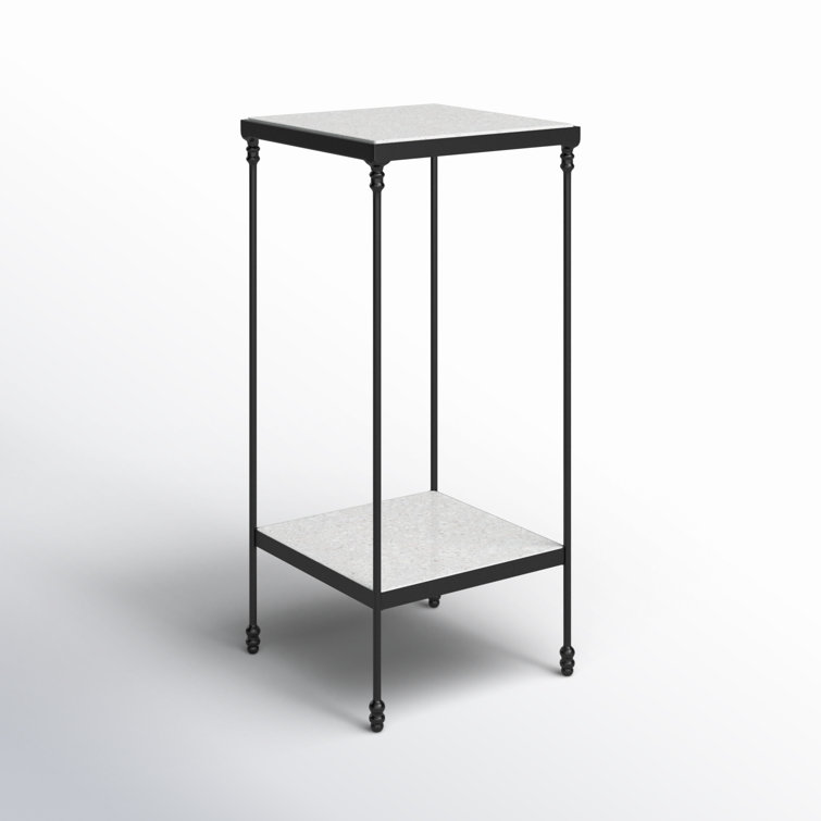 White Marble and Black Metal Square End Table with Shelf