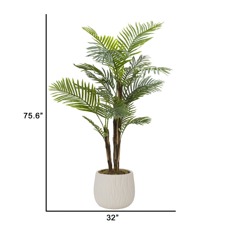 75.6'' Green Plastic Palm Floor Plant in Beige Pot