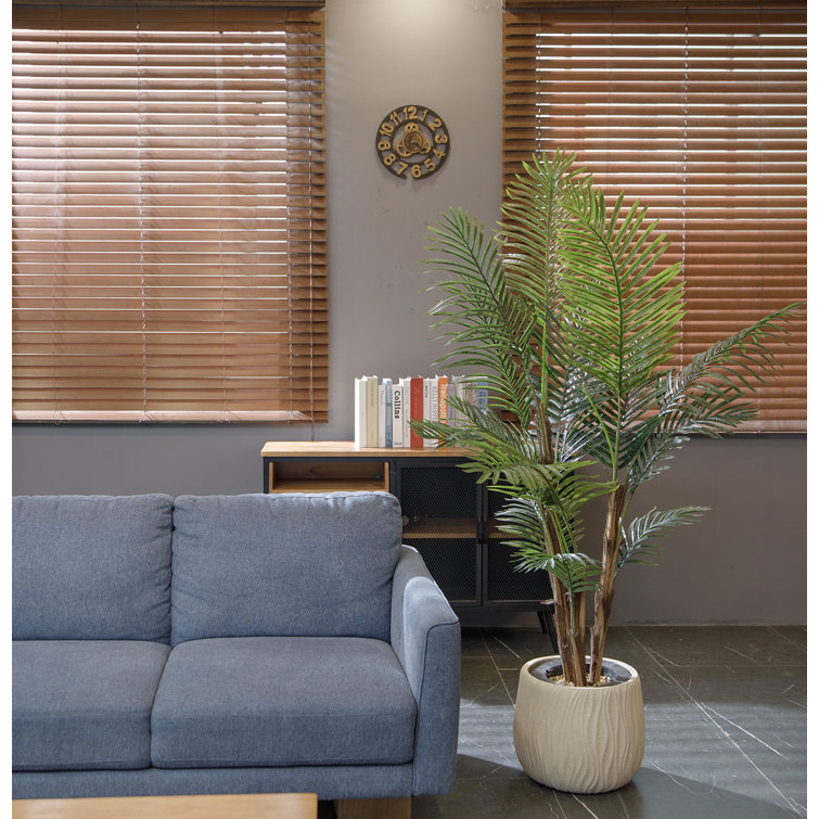 75.6'' Green Plastic Palm Floor Plant in Beige Pot