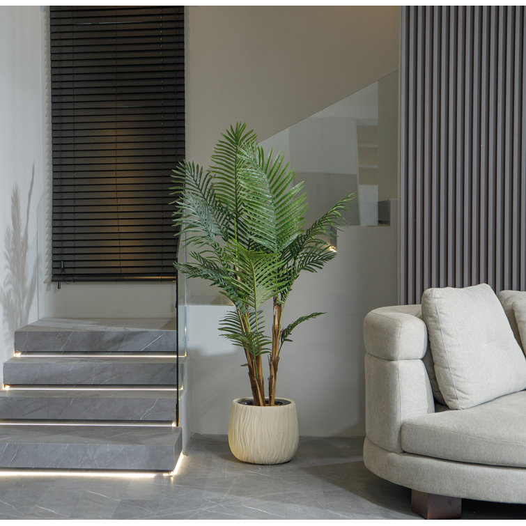 75.6'' Green Plastic Palm Floor Plant in Beige Pot