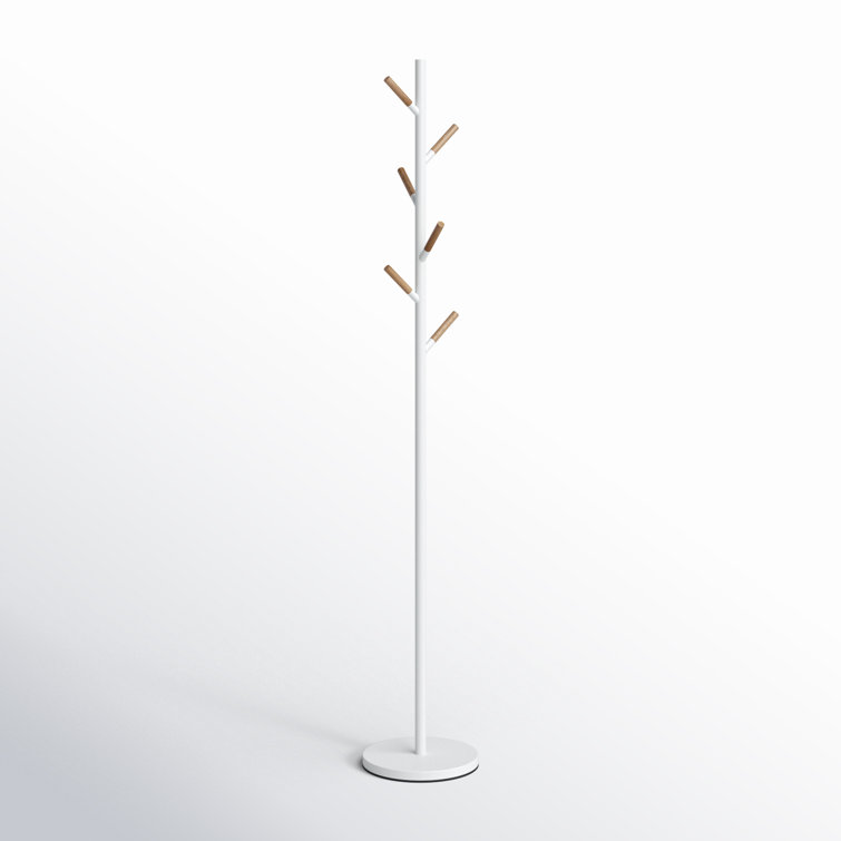 Modern Freestanding White Steel Coat Rack with Wooden Accents