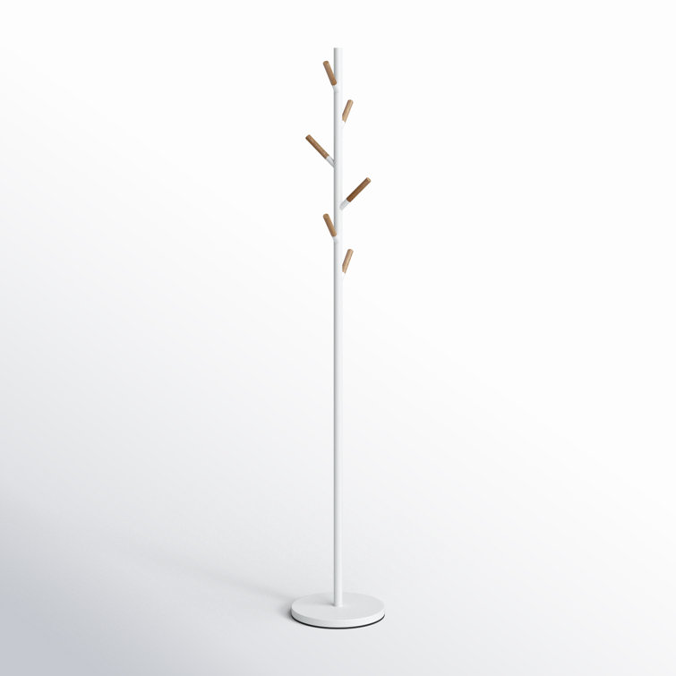 Modern Freestanding White Steel Coat Rack with Wooden Accents