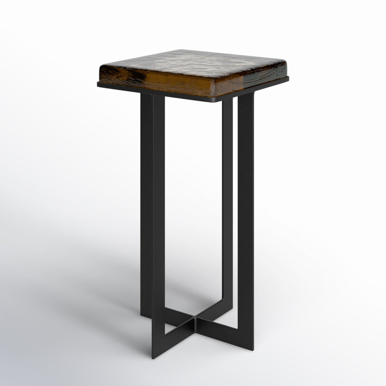 Amber Cast Glass Top Square End Table with Black Cross Legs