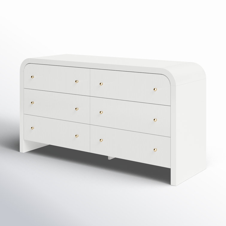 White and Gold 6-Drawer Double Dresser with Dovetail Drawer