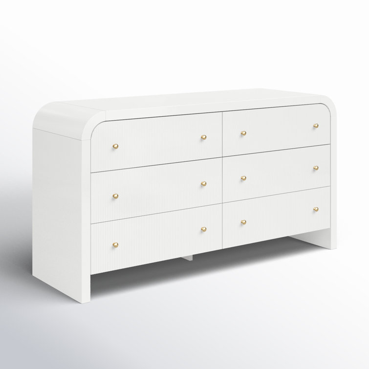 White and Gold 6-Drawer Double Dresser with Dovetail Drawer