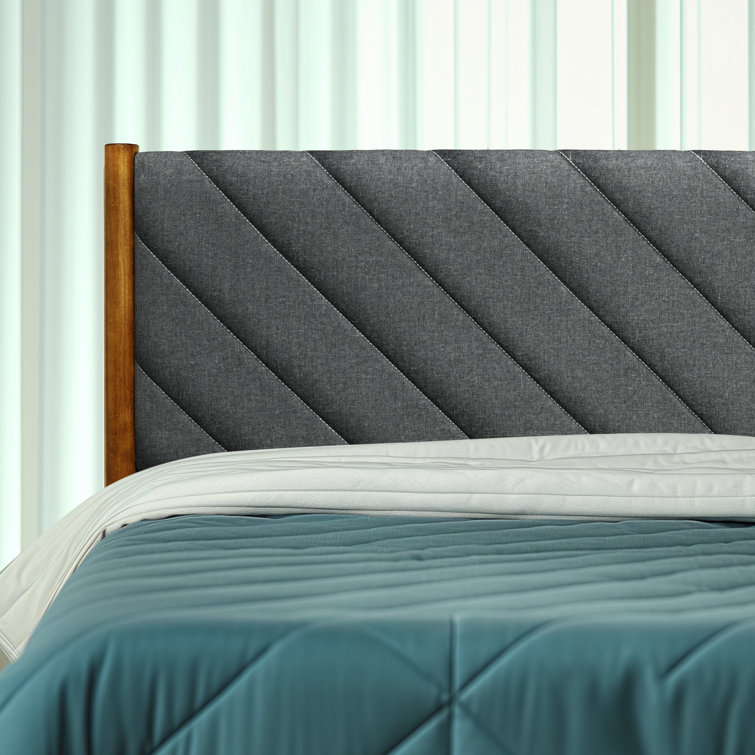 Caramel Solid Wood Queen Bed Frame with Gray Upholstered Headboard