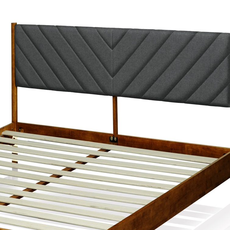 Caramel Solid Wood Queen Bed Frame with Gray Upholstered Headboard