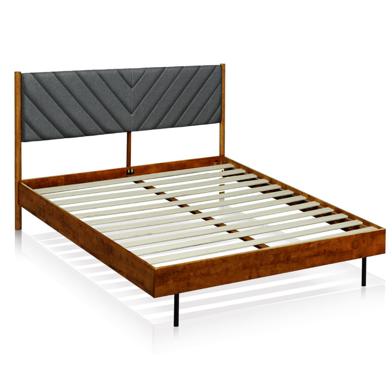 Caramel Solid Wood Queen Bed Frame with Gray Upholstered Headboard