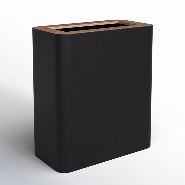 Modern Black Steel & Wood Slim Rectangular 2-Gallon Trash Can
