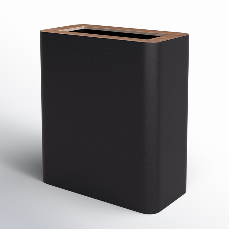 Modern Black Steel & Wood Slim Rectangular 2-Gallon Trash Can