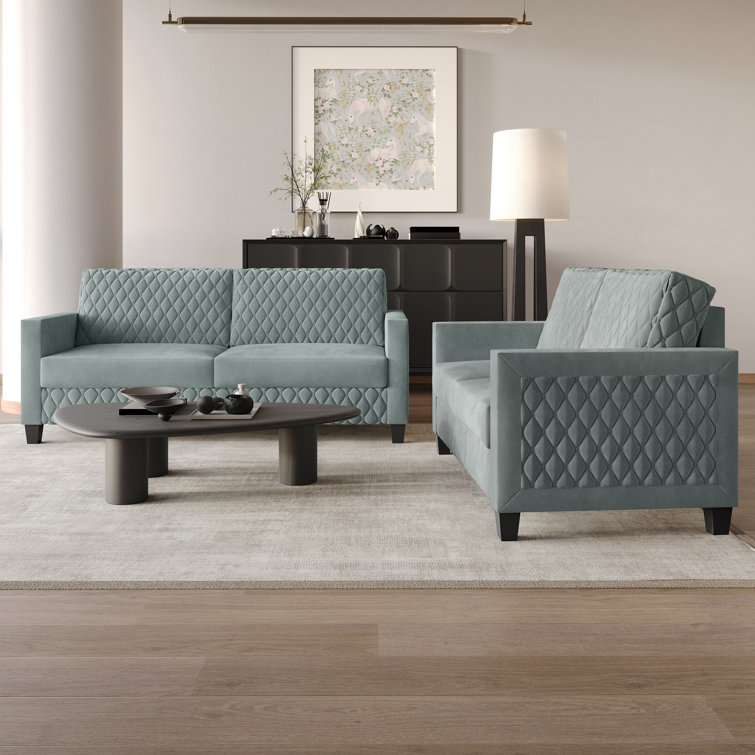 Light Blue Diamond-Patterned Velvet 2-Piece Living Room Set