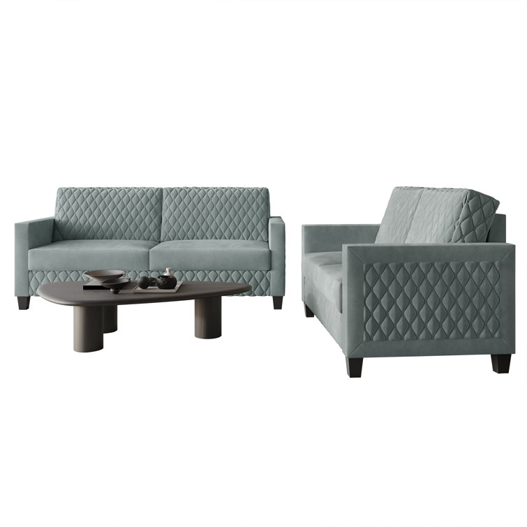 Light Blue Diamond-Patterned Velvet 2-Piece Living Room Set