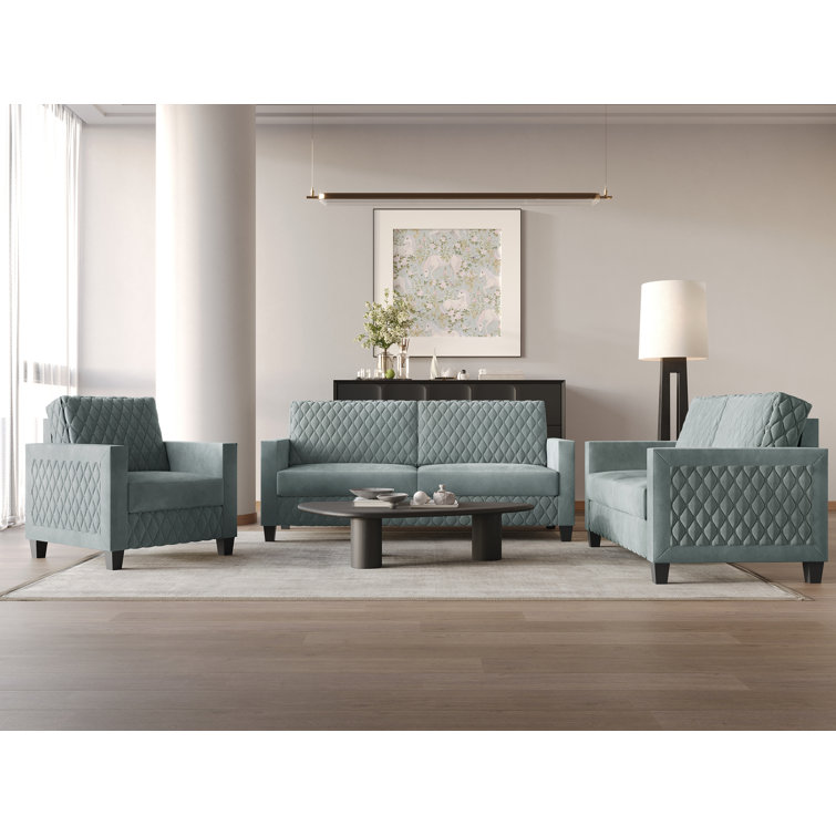 Light Blue Diamond-Patterned 3-Piece Velvet Living Room Set