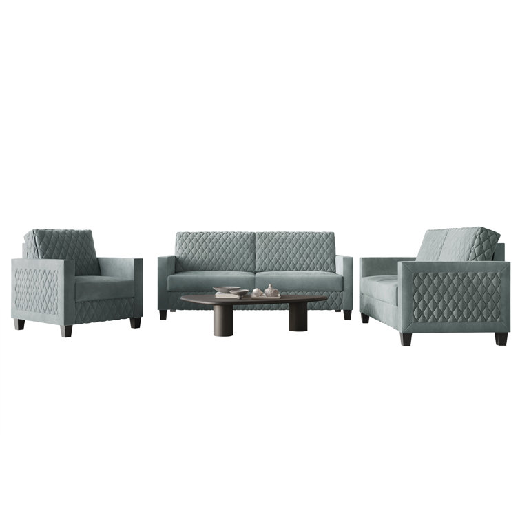 Light Blue Diamond-Patterned 3-Piece Velvet Living Room Set