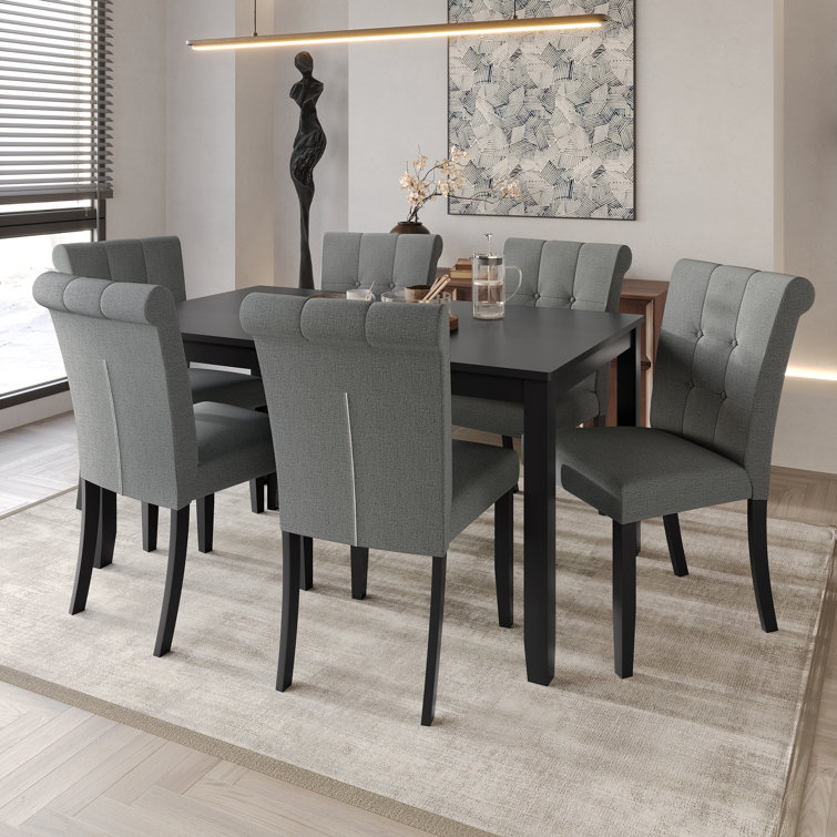 Gray Linen Upholstered 7-Piece Dining Set with 59" Rectangular Table