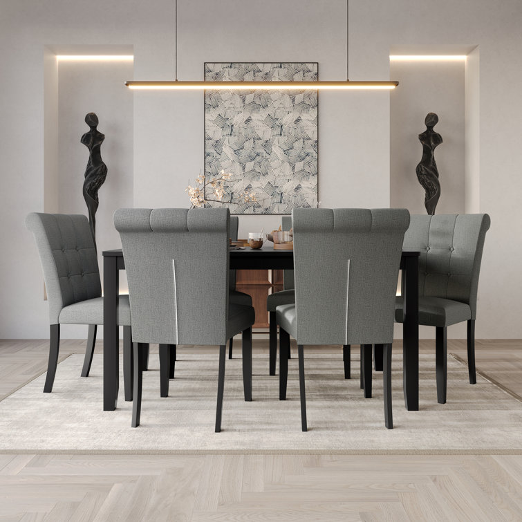 Gray Linen Upholstered 7-Piece Dining Set with 59" Rectangular Table