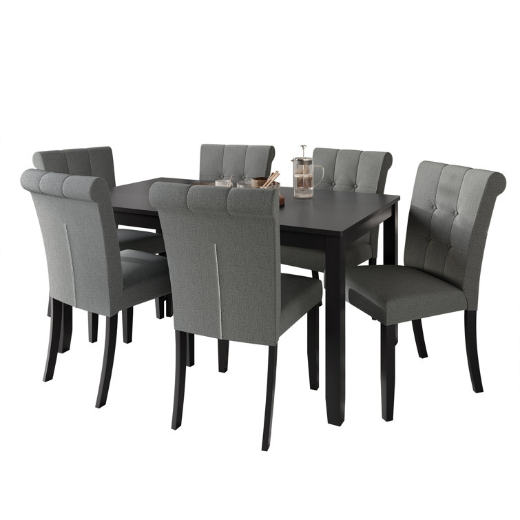 Gray Linen Upholstered 7-Piece Dining Set with 59" Rectangular Table