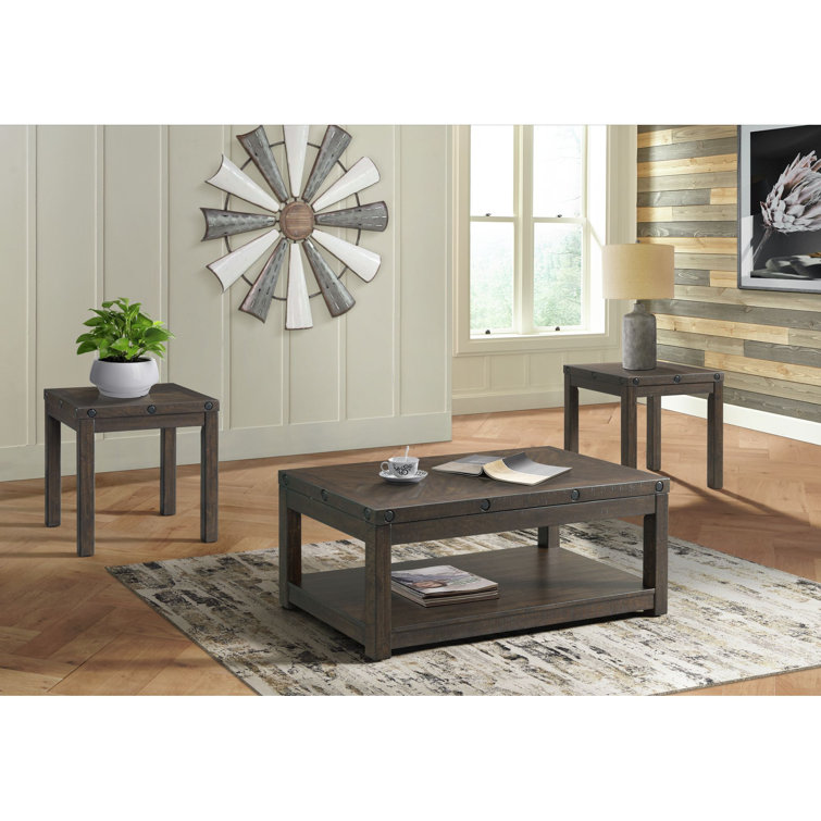 Rio 3PC Distressed Charcoal Acacia Wood Coffee & End Tables Set