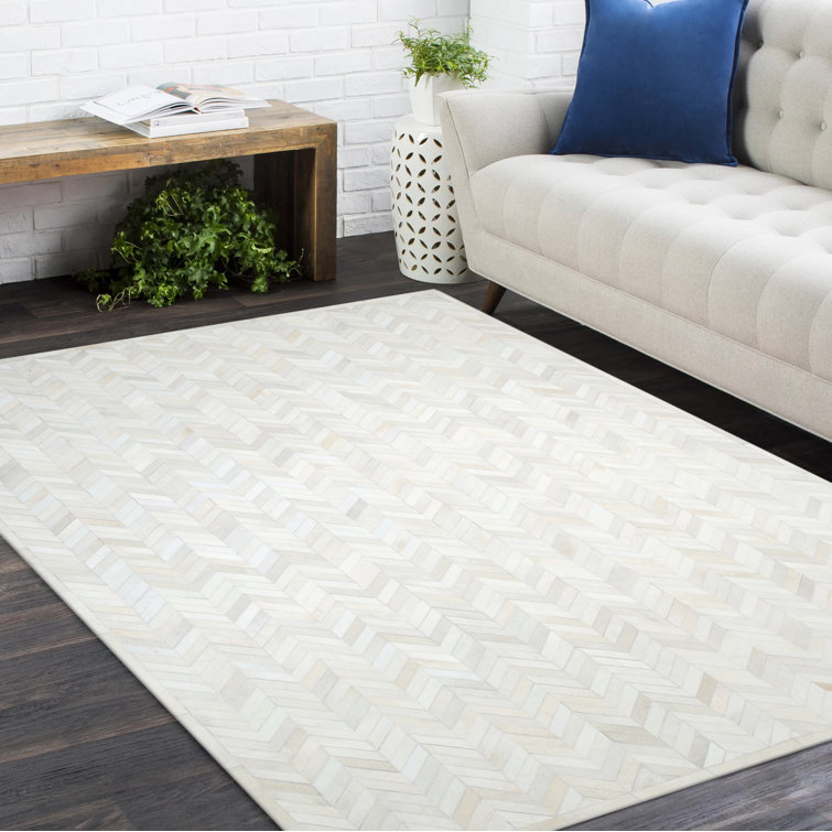 Meir Handmade Ivory Wool & Cowhide Geometric 8' x 10' Rug