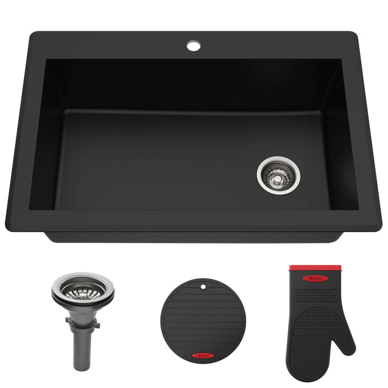 33-Inch Black Granite Single Bowl Drop-In Kitchen Sink