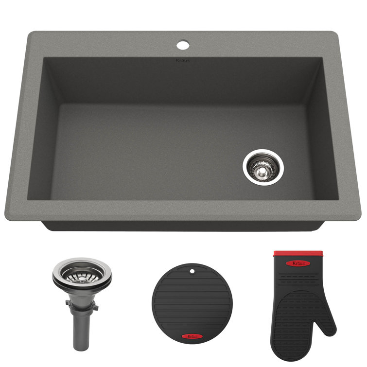 Gray 33-Inch Single Bowl Granite Drop-In Kitchen Sink