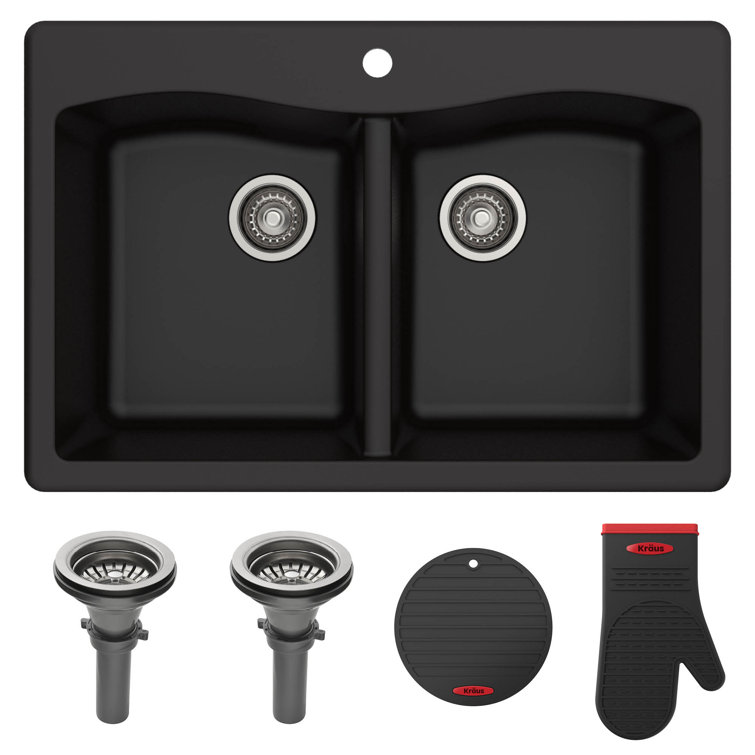 33-Inch Black Granite Double Bowl Drop-In Kitchen Sink