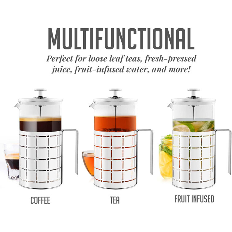 34 Ounce Silver Stainless Steel French Press Coffee Maker with Borosilicate Glass