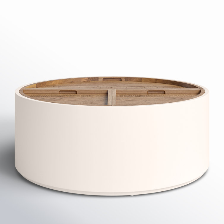 Contemporary Oak Drum Coffee Table with Cream Lacquer Finish and Storage