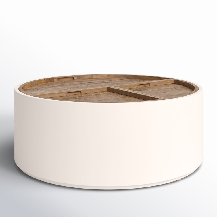 Contemporary Oak Drum Coffee Table with Cream Lacquer Finish and Storage