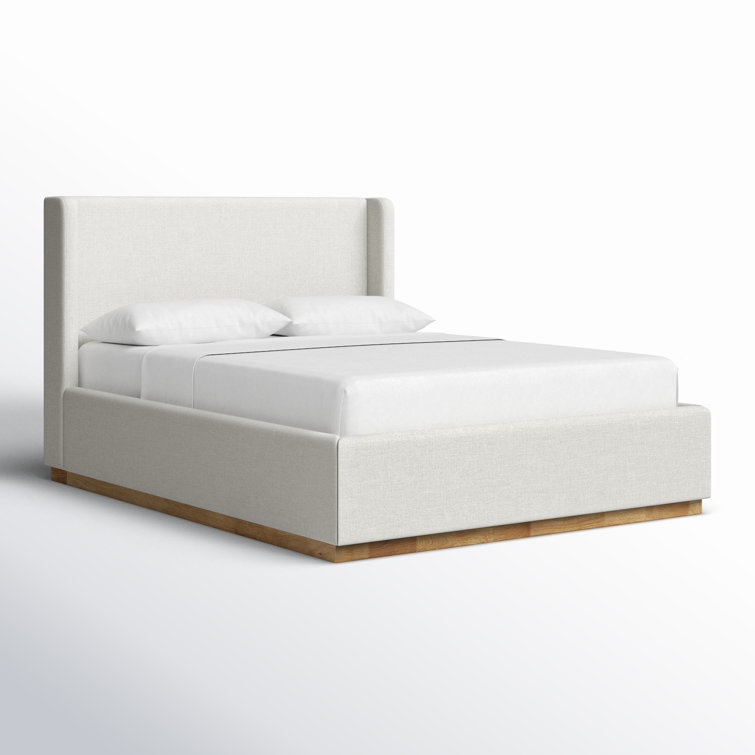 Queen Cream Linen Upholstered Wood Frame Bed with Headboard