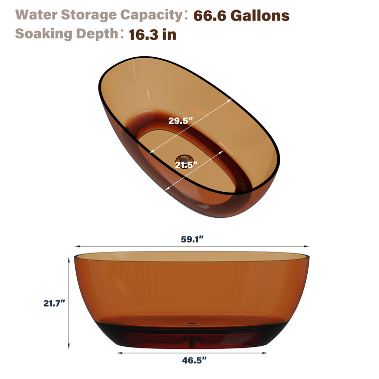 59'' Coffee Transparent Resin Freestanding Soaking Bathtub