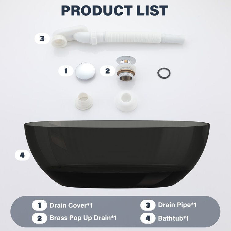 67'' x 30'' Black Transparent Resin Freestanding Soaking Bathtub