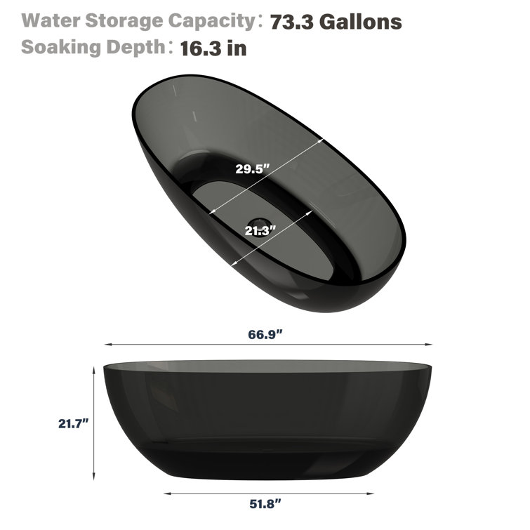 67'' x 30'' Black Transparent Resin Freestanding Soaking Bathtub