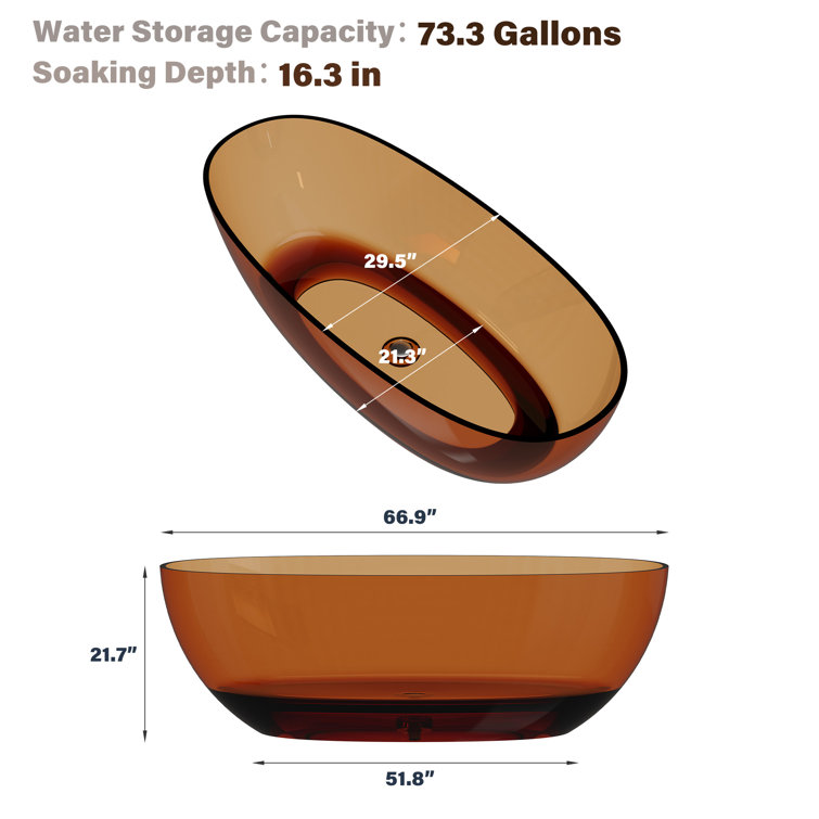 67'' Coffee Transparent Resin Freestanding Soaking Bathtub