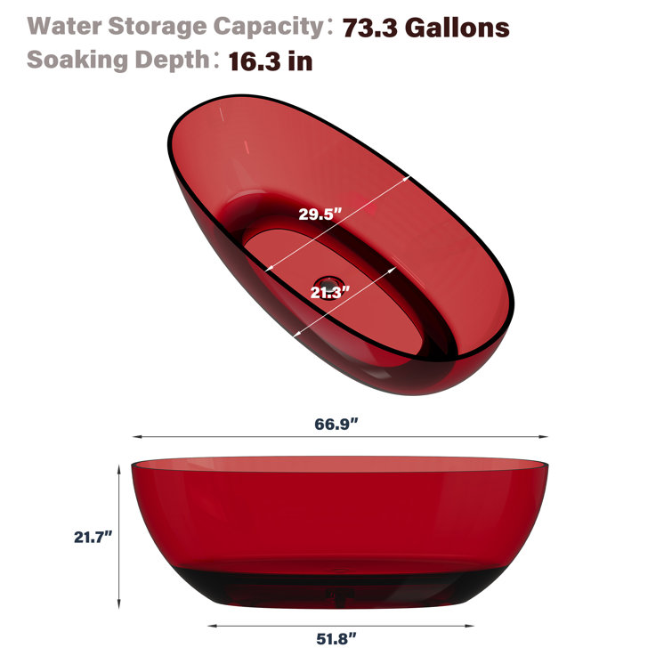67'' Wine Red Transparent Resin Freestanding Soaking Bathtub