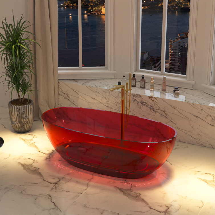 67'' Wine Red Transparent Resin Freestanding Soaking Bathtub