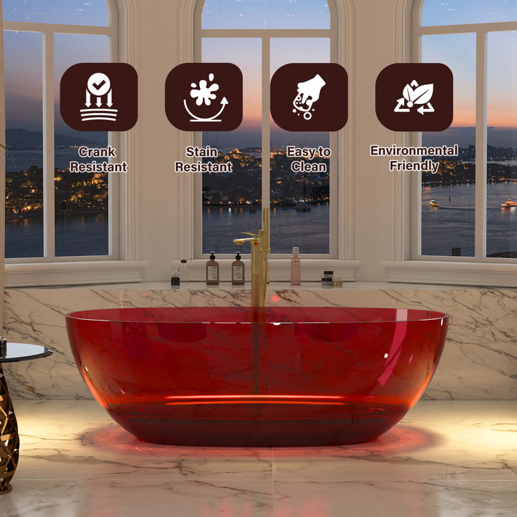 67'' Wine Red Transparent Resin Freestanding Soaking Bathtub