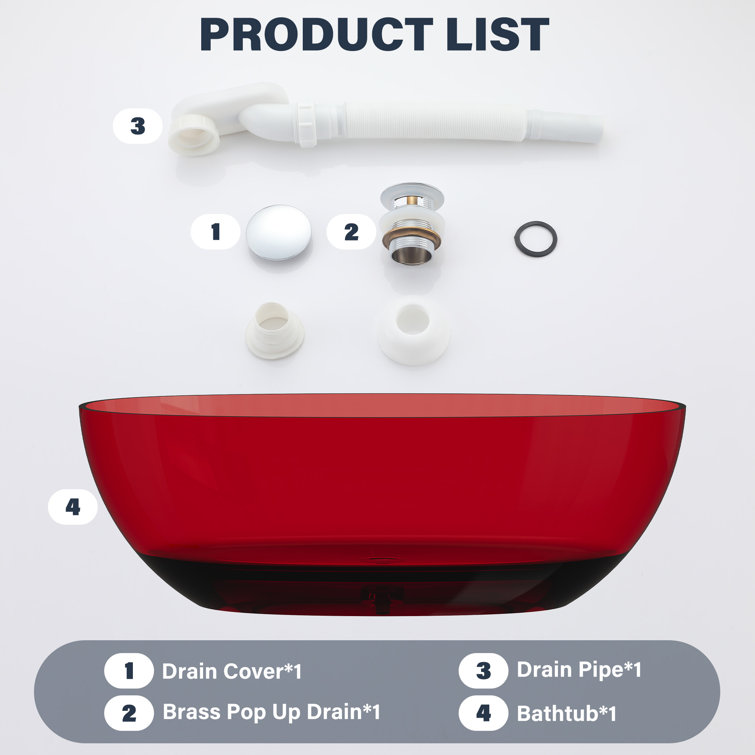 67'' Wine Red Transparent Resin Freestanding Soaking Bathtub