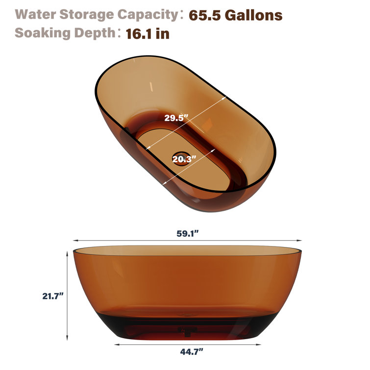 59'' Coffee Transparent Resin Freestanding Soaking Bathtub