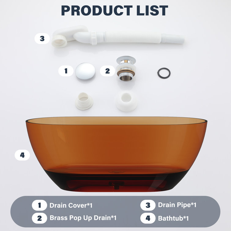59'' Coffee Transparent Resin Freestanding Soaking Bathtub