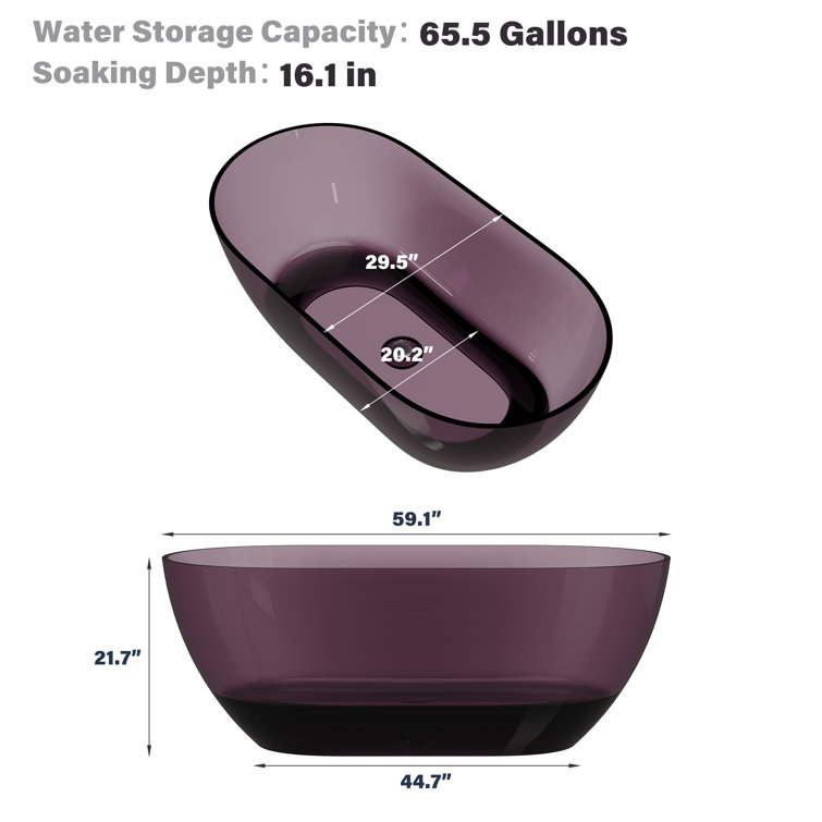 59-Inch Freestanding Transparent Purple Resin Bathtub