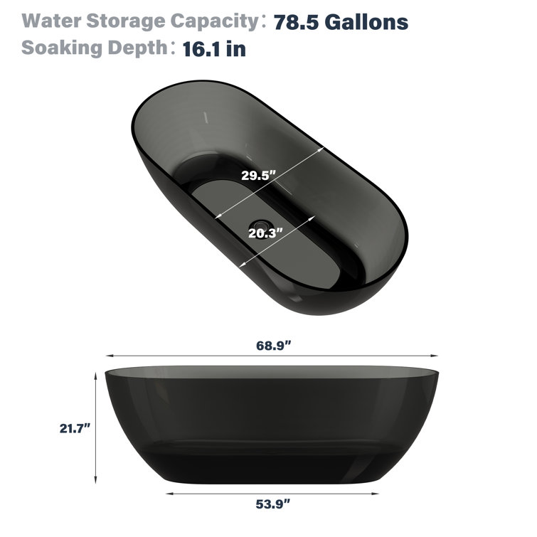 69'' Black Transparent Resin Freestanding Soaking Bathtub