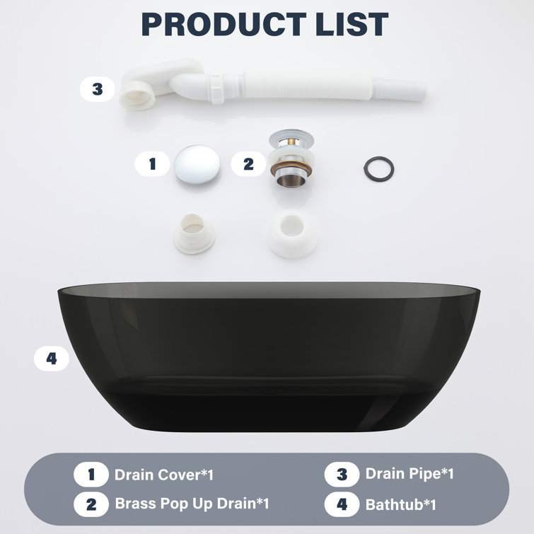 69'' Black Transparent Resin Freestanding Soaking Bathtub
