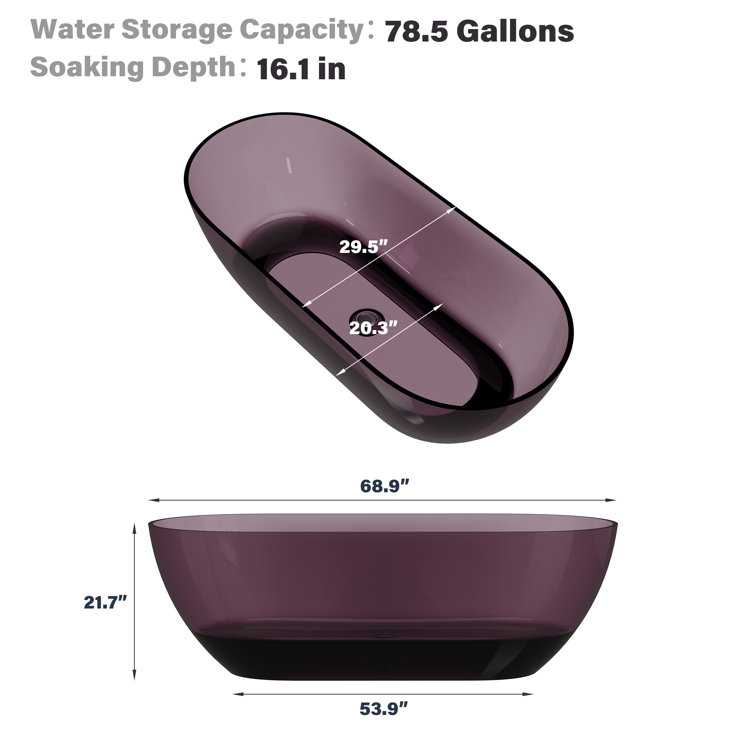69'' Purple Transparent Resin Freestanding Soaking Bathtub