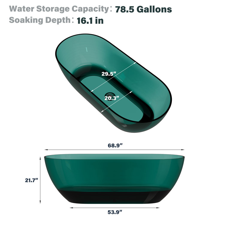 69'' Ocean Blue Transparent Resin Freestanding Soaking Bathtub